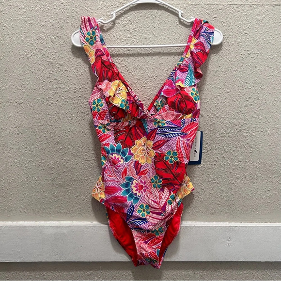 Caribbean Joe Coral/Red Floral Ruffle One Piece Swimsuit NWT 8 - Picture 4 of 9